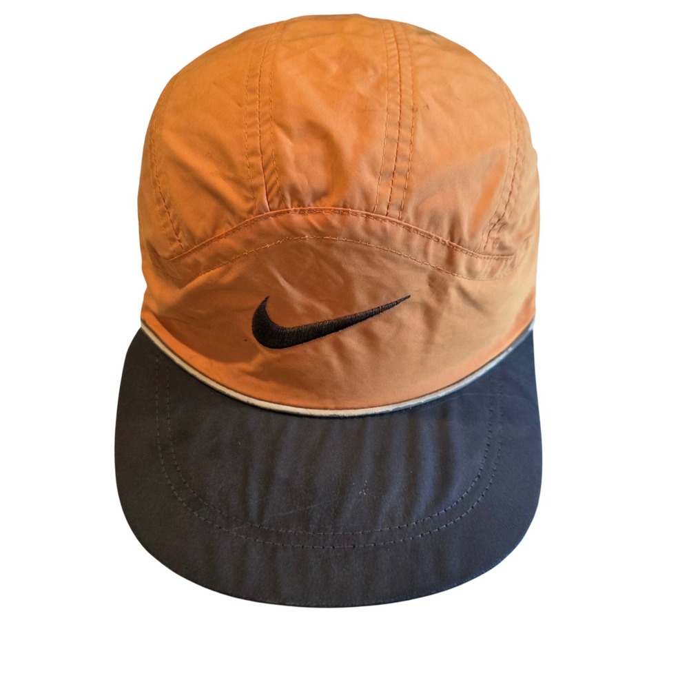 Vintage 90s Nike Clima-Fit 5 Panel Camp Hat Cap Orange Black Red Swoosh Tag